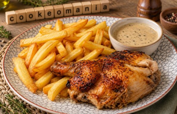 Poulet rôti du dimanche, frites et sauce crémeuse au poivre