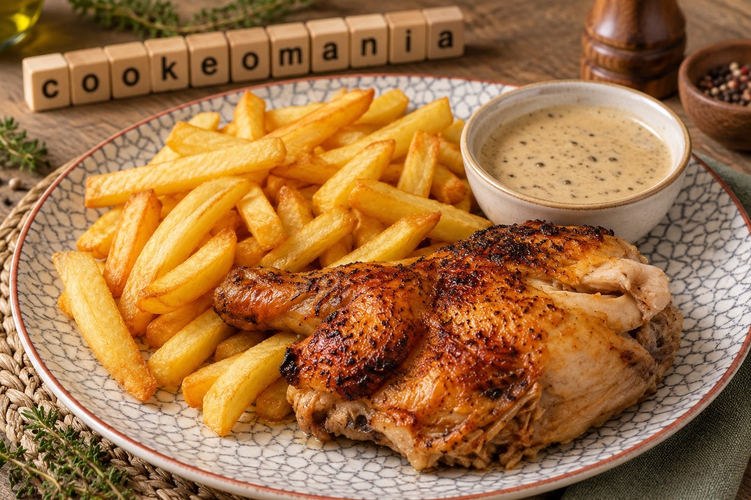 Poulet rôti du dimanche, frites et sauce crémeuse au poivre