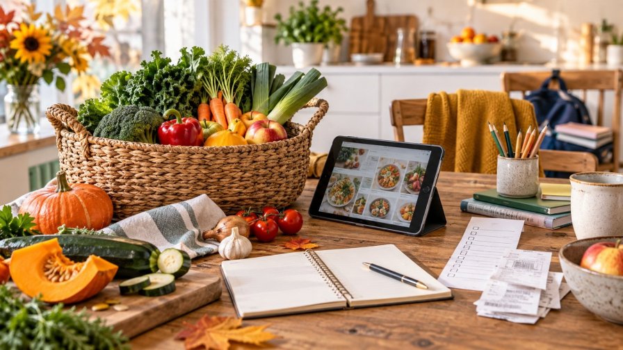 Panier de légumes d’automne, carnet de courses et tablette de recettes dans une cuisine lumineuse