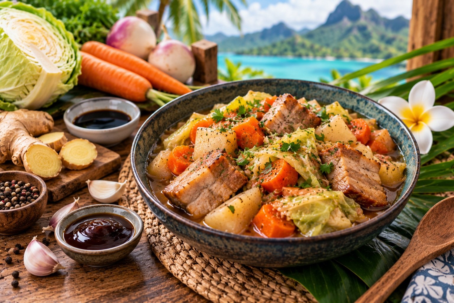 Pua’a choux au porc, chou, carottes et navets dans une ambiance polynésienne