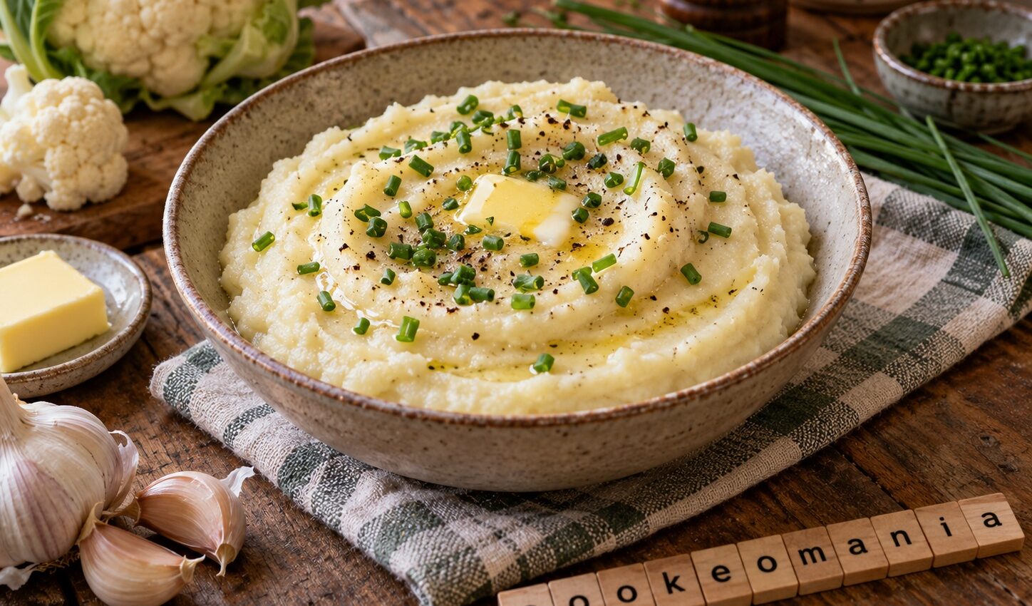 Purée de chou-fleur cétogène onctueuse au beurre fondu, à l'ail et à la ciboulette, servie dans un bol