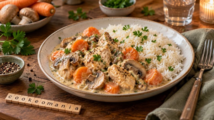 Repas facile au Cookeo pour les soirs de semaine avec poulet crémeux, riz et champignons