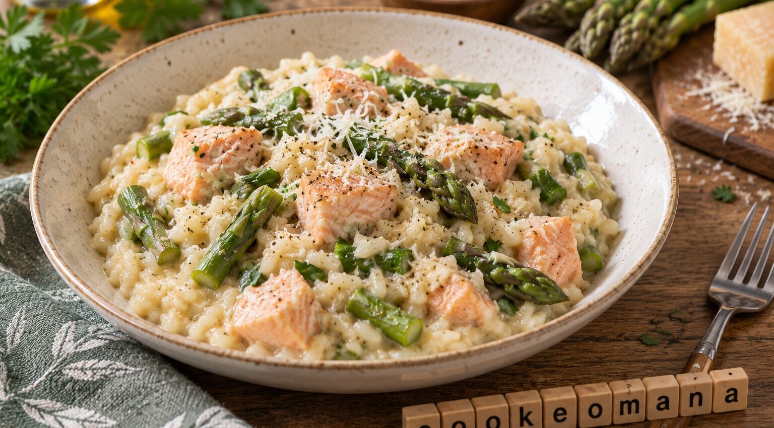 Riz crémeux au saumon, asperges et parmesan