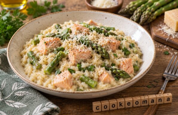 Riz crémeux au saumon, asperges et parmesan