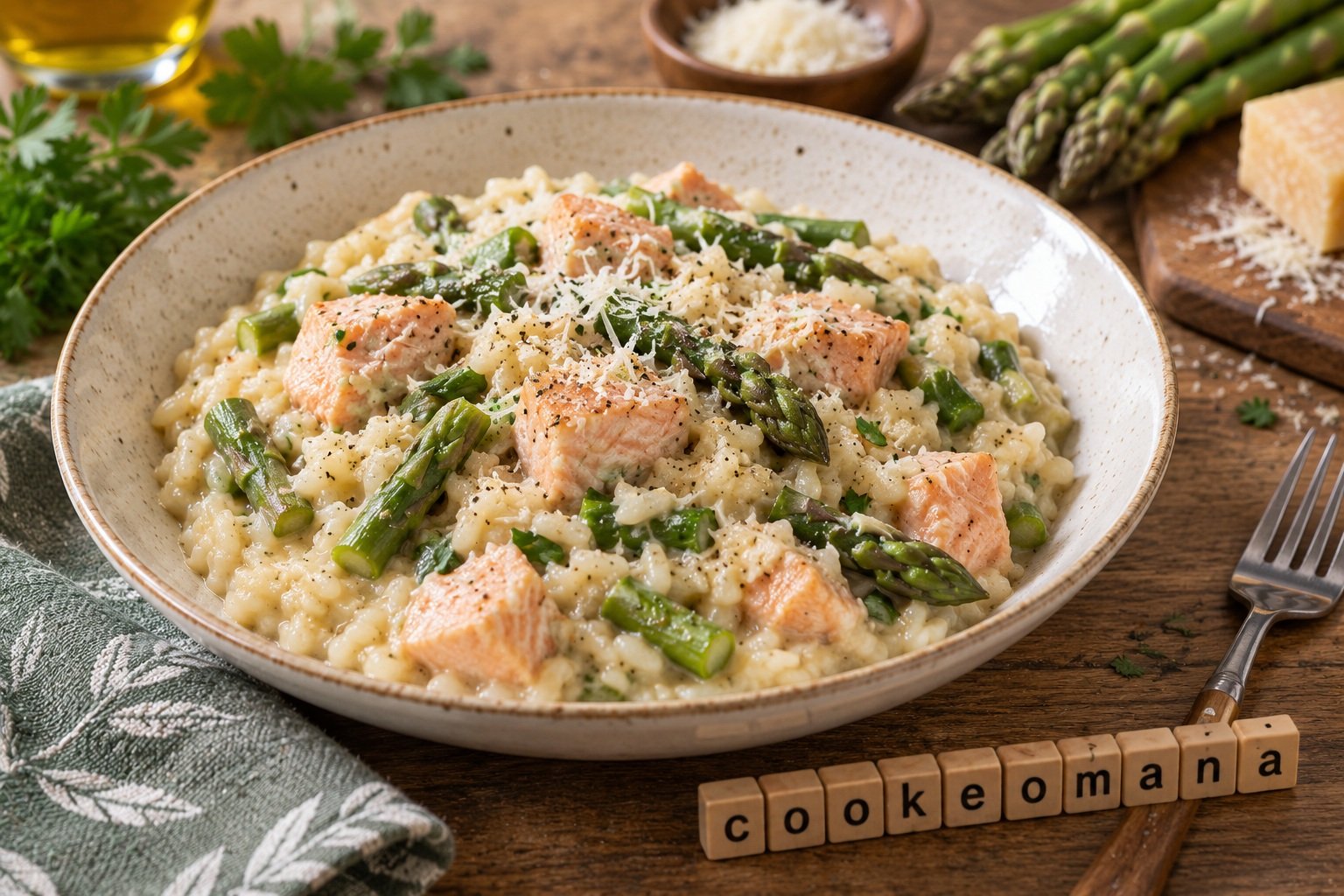 Riz crémeux au saumon, asperges et parmesan