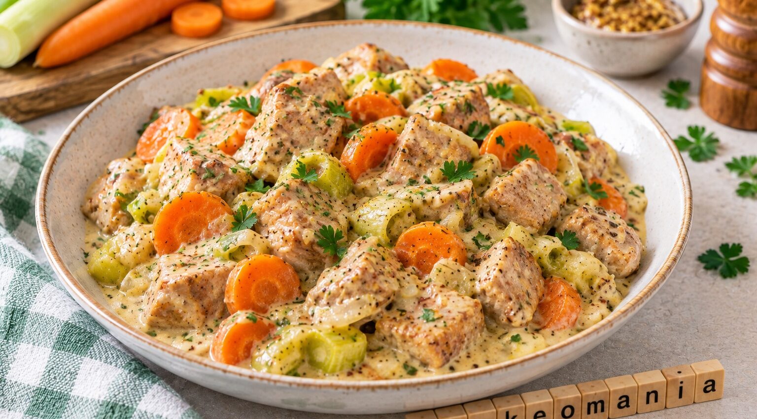 Sauté de porc crémeux à la moutarde, poireaux et carottes