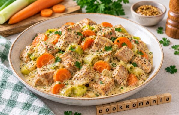 Sauté de porc crémeux à la moutarde, poireaux et carottes