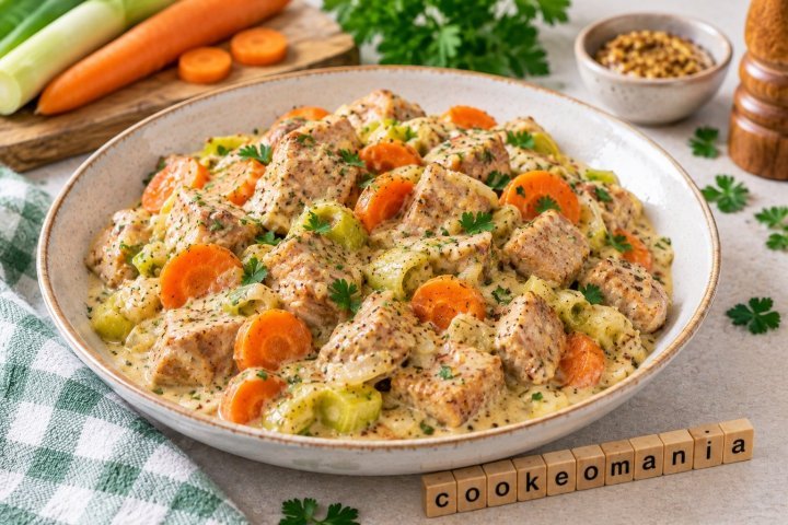 Sauté de porc crémeux à la moutarde, poireaux et carottes