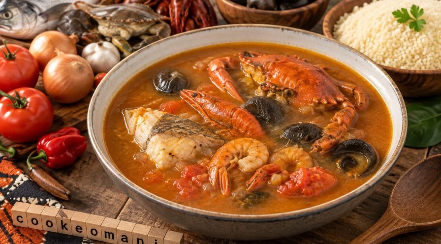 Soupe bassamoise au poisson, étrilles, écrevisses et escargots avec bouillon tomate épicé