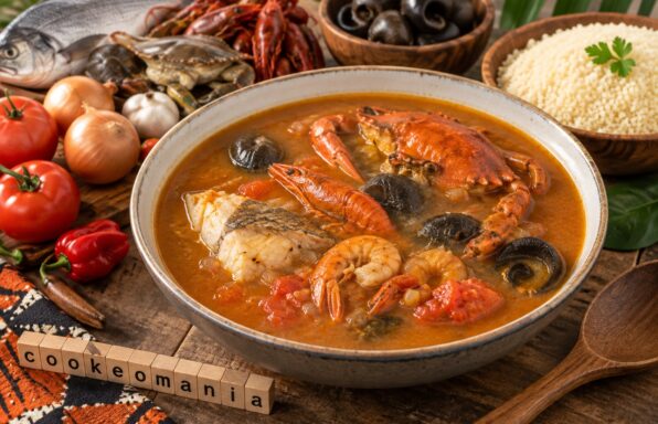 Soupe bassamoise au poisson, étrilles, écrevisses et escargots avec bouillon tomate épicé