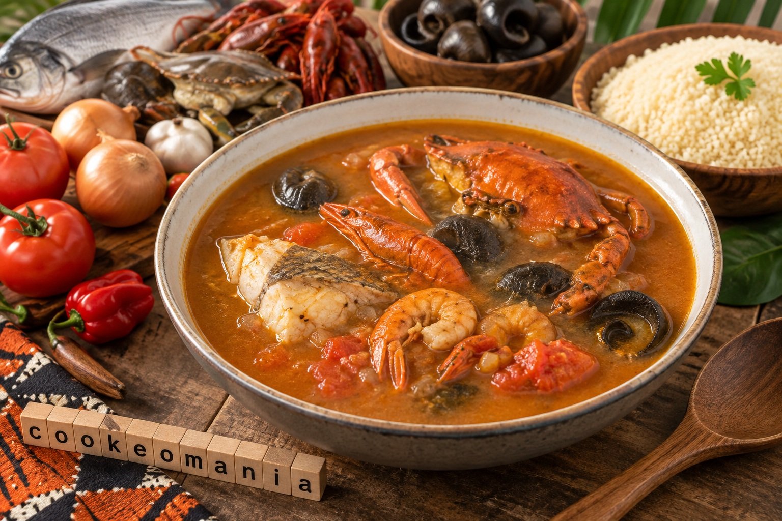 Soupe bassamoise au poisson, étrilles, écrevisses et escargots avec bouillon tomate épicé