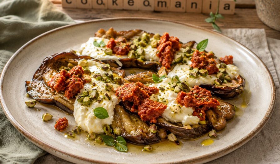 Aubergine fondante à la burrata, sobrasada et miel