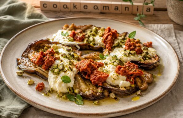 Aubergine fondante à la burrata, sobrasada et miel