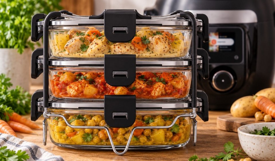 Trois repas dans le Batchcooker Moulinex : poulet à la moutarde, poulet à la tomate et curry de pois chiches au Cookeo.