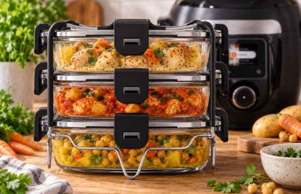 Trois repas dans le Batchcooker Moulinex : poulet à la moutarde, poulet à la tomate et curry de pois chiches au Cookeo.