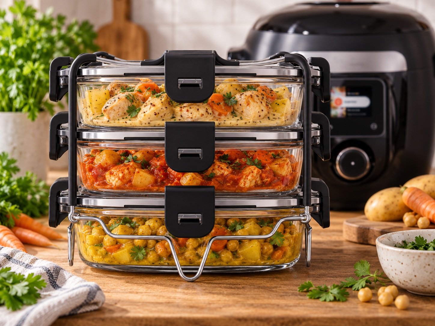 Trois repas dans le Batchcooker Moulinex : poulet à la moutarde, poulet à la tomate et curry de pois chiches au Cookeo.