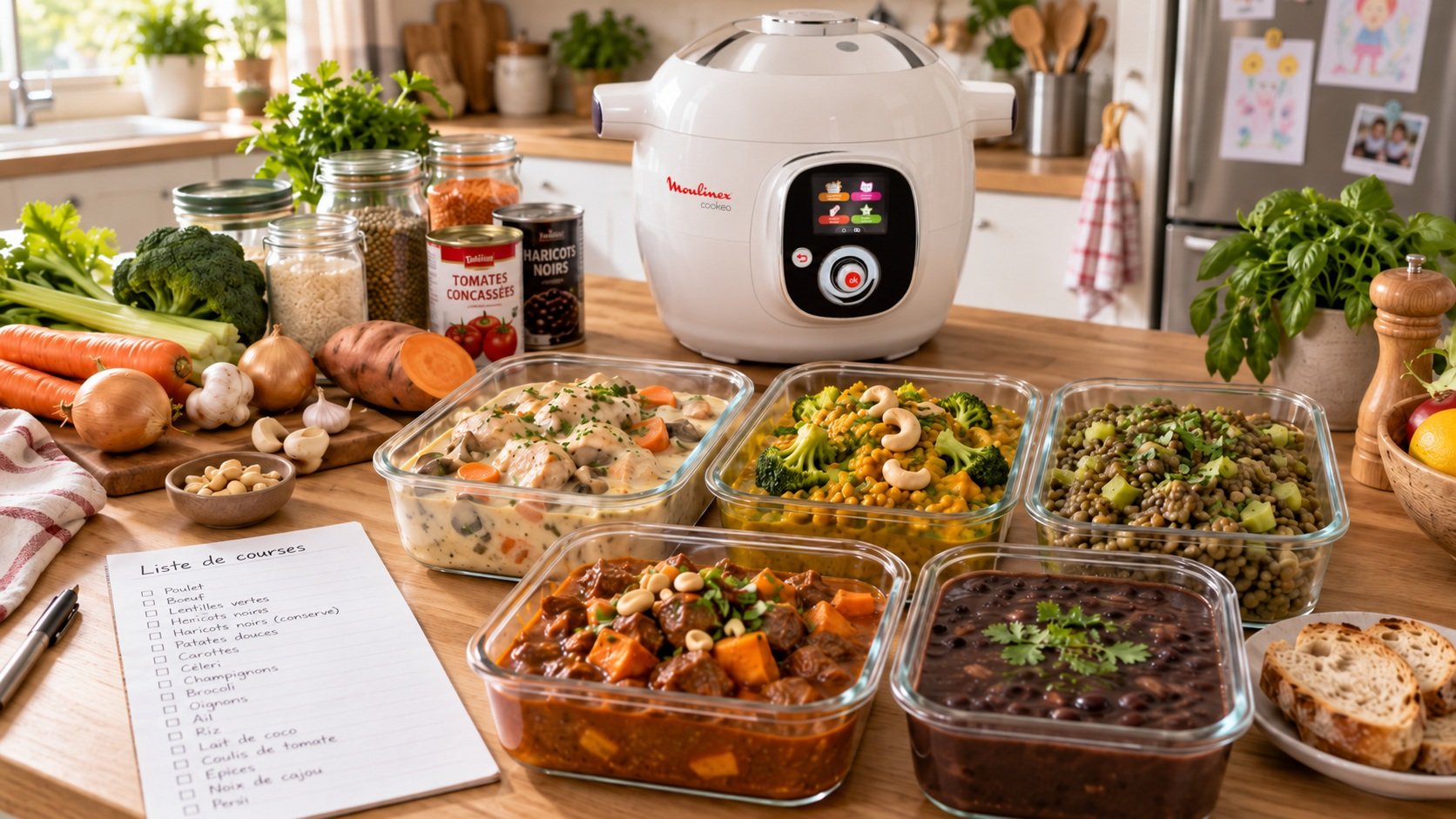 Batch cooking au Cookeo avec cinq repas préparés pour la semaine