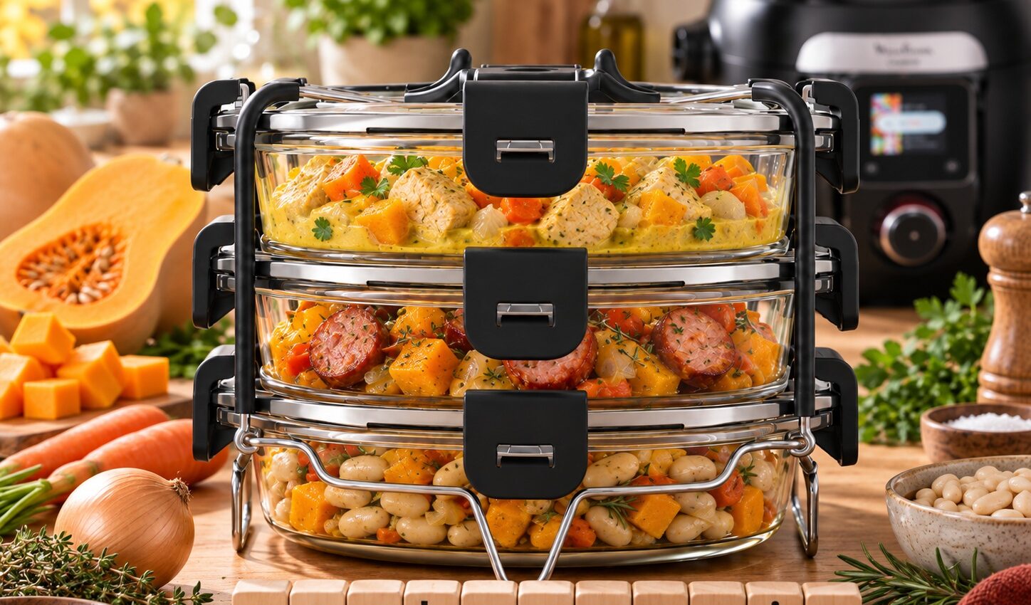 Trois repas à la butternut dans le Batchcooker Moulinex : dinde au curry et lait de coco, saucisse fumée aux légumes et haricots blancs au romarin.