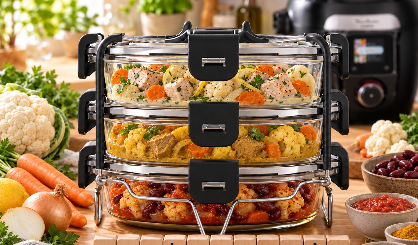 Trois repas au chou-fleur dans le Batchcooker Moulinex : dinde citronnée aux herbes, porc au colombo et haricots rouges à la tomate.