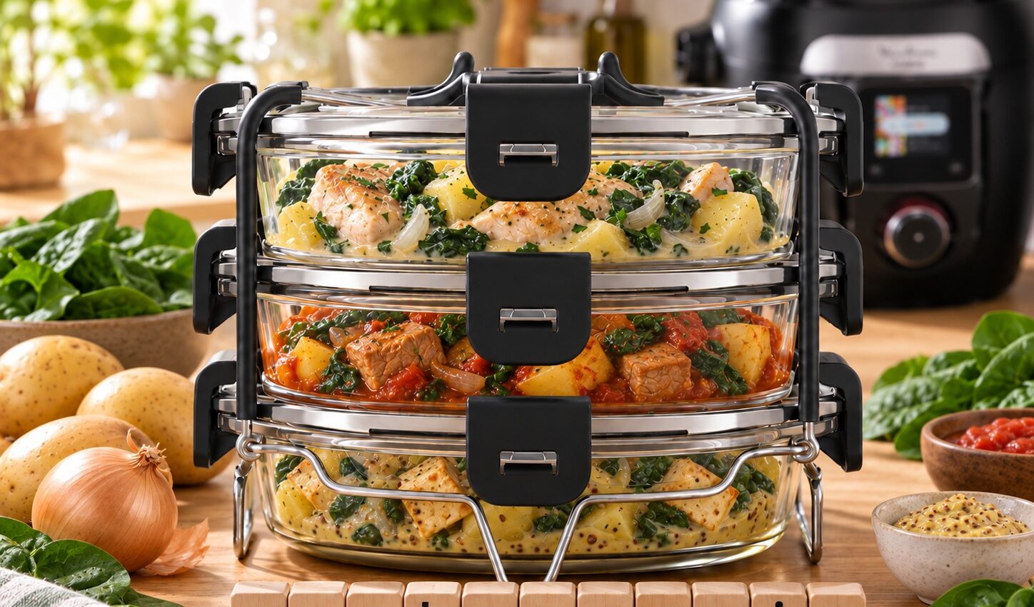 Trois repas aux épinards dans le Batchcooker Moulinex : poulet crémeux, porc à la tomate et tofu fumé à la moutarde.