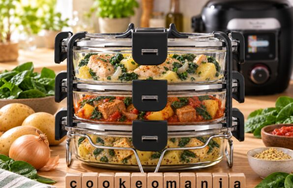 Trois repas aux épinards dans le Batchcooker Moulinex : poulet crémeux, porc à la tomate et tofu fumé à la moutarde.