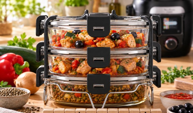 Trois plats méditerranéens dans le Batchcooker Moulinex : poulet provençal aux olives, porc au paprika et lentilles au cumin.