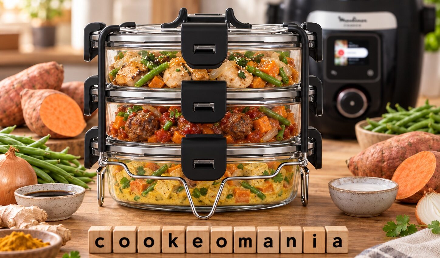 Trois repas à la patate douce dans le Batchcooker Moulinex : poulet soja-gingembre, boulettes de bœuf à la tomate et tofu au curry coco.