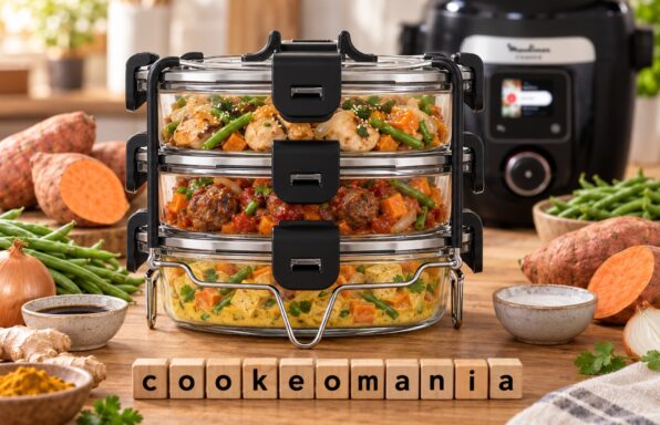 Trois repas à la patate douce dans le Batchcooker Moulinex : poulet soja-gingembre, boulettes de bœuf à la tomate et tofu au curry coco.