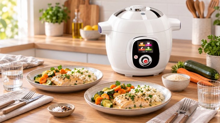 Cookeo blanc avec deux assiettes de poulet, riz et légumes pour un repas prévu pour 2 personnes.
