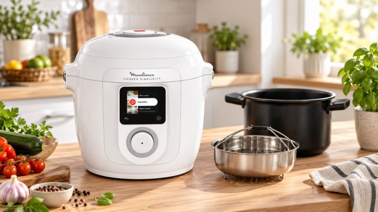 Cookeo Simplicity Moulinex blanc avec sa cuve et son panier vapeur dans une cuisine