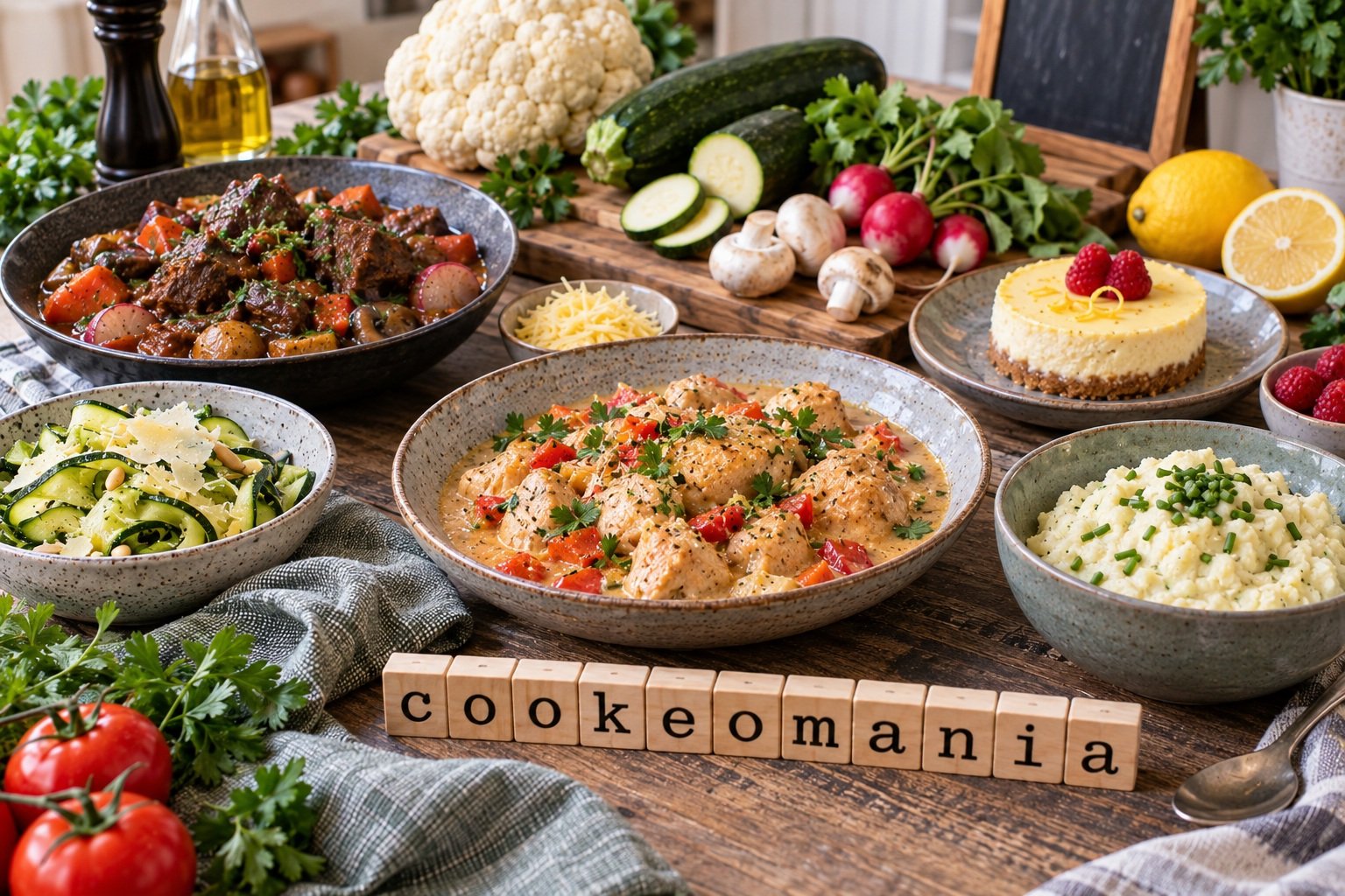 Sélection de recettes keto au Cookeo avec poulet crémeux, bœuf mijoté, purée de chou-fleur, courgettes et cheesecake