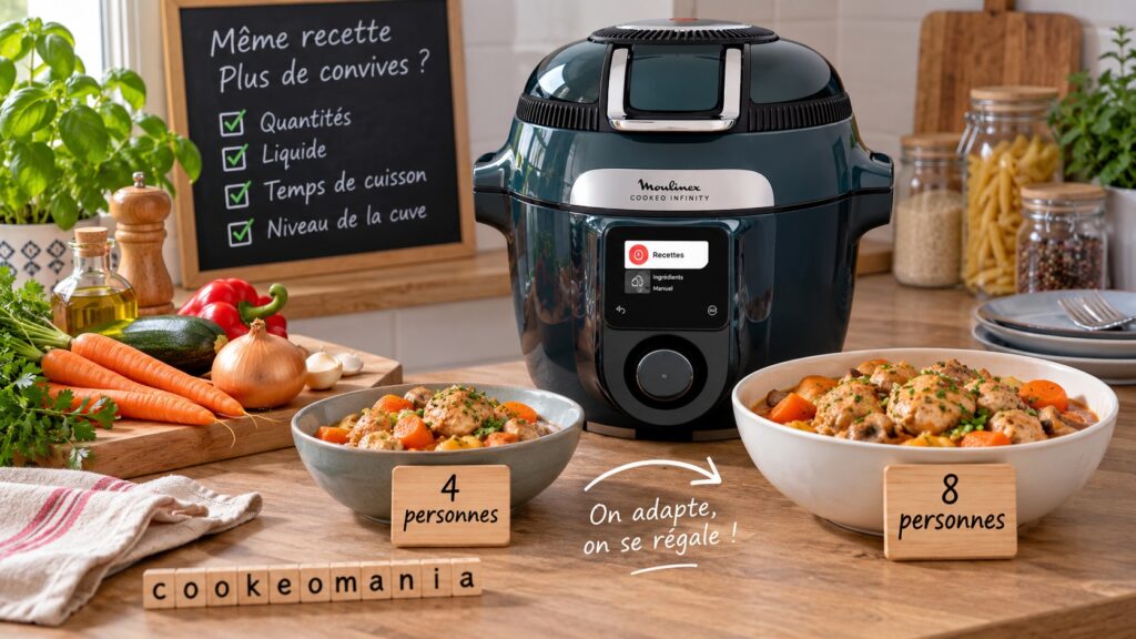 Cookeo Infinity avec deux portions de tailles différentes pour illustrer l’adaptation d’une recette de 4 à 8 personnes.