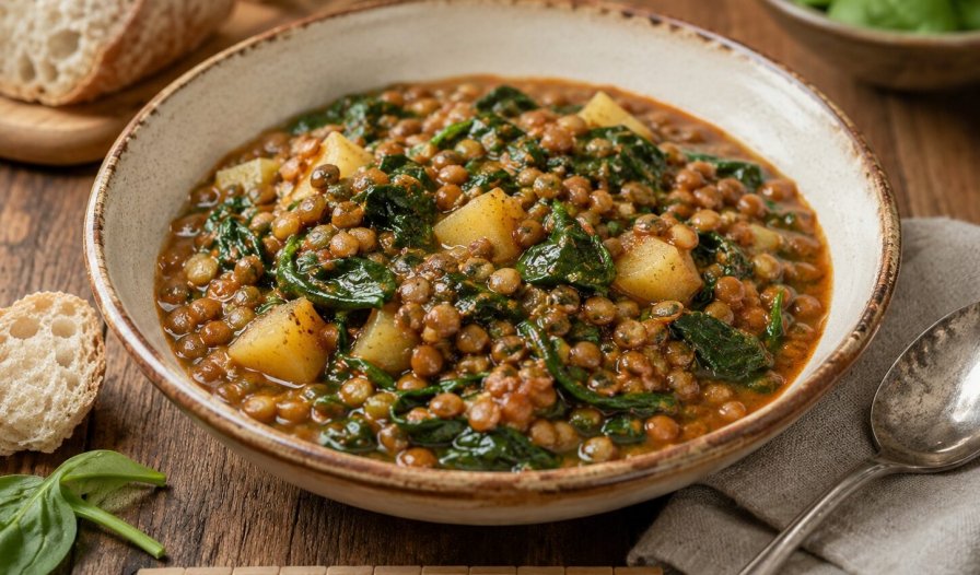 Lentilles aux épinards et pommes de terre