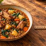 Lentilles aux travers de porc, épinards, pommes de terre et carottes, avec la signature cookeomania en lettres de bois.