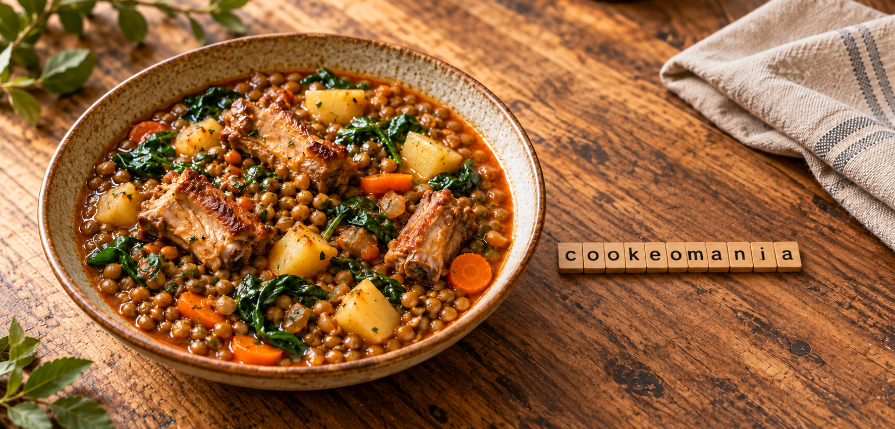 Lentilles aux travers de porc, épinards, pommes de terre et carottes, avec la signature cookeomania en lettres de bois.