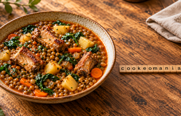 Lentilles aux travers de porc, épinards, pommes de terre et carottes, avec la signature cookeomania en lettres de bois.