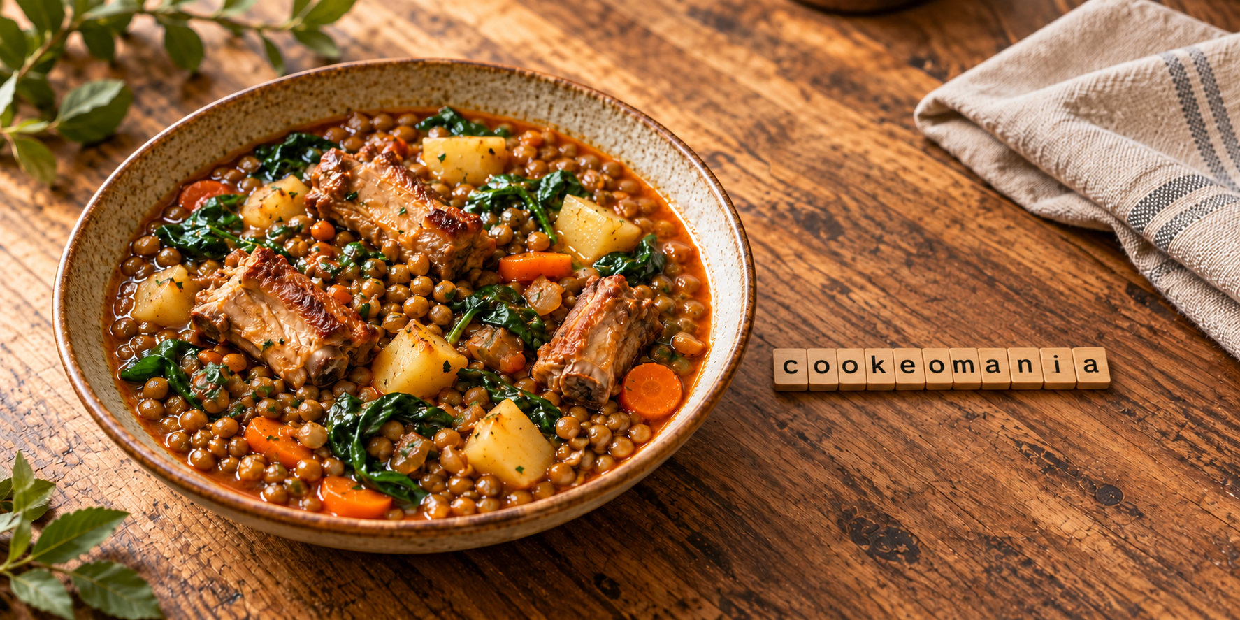Lentilles aux travers de porc, épinards, pommes de terre et carottes, avec la signature cookeomania en lettres de bois.