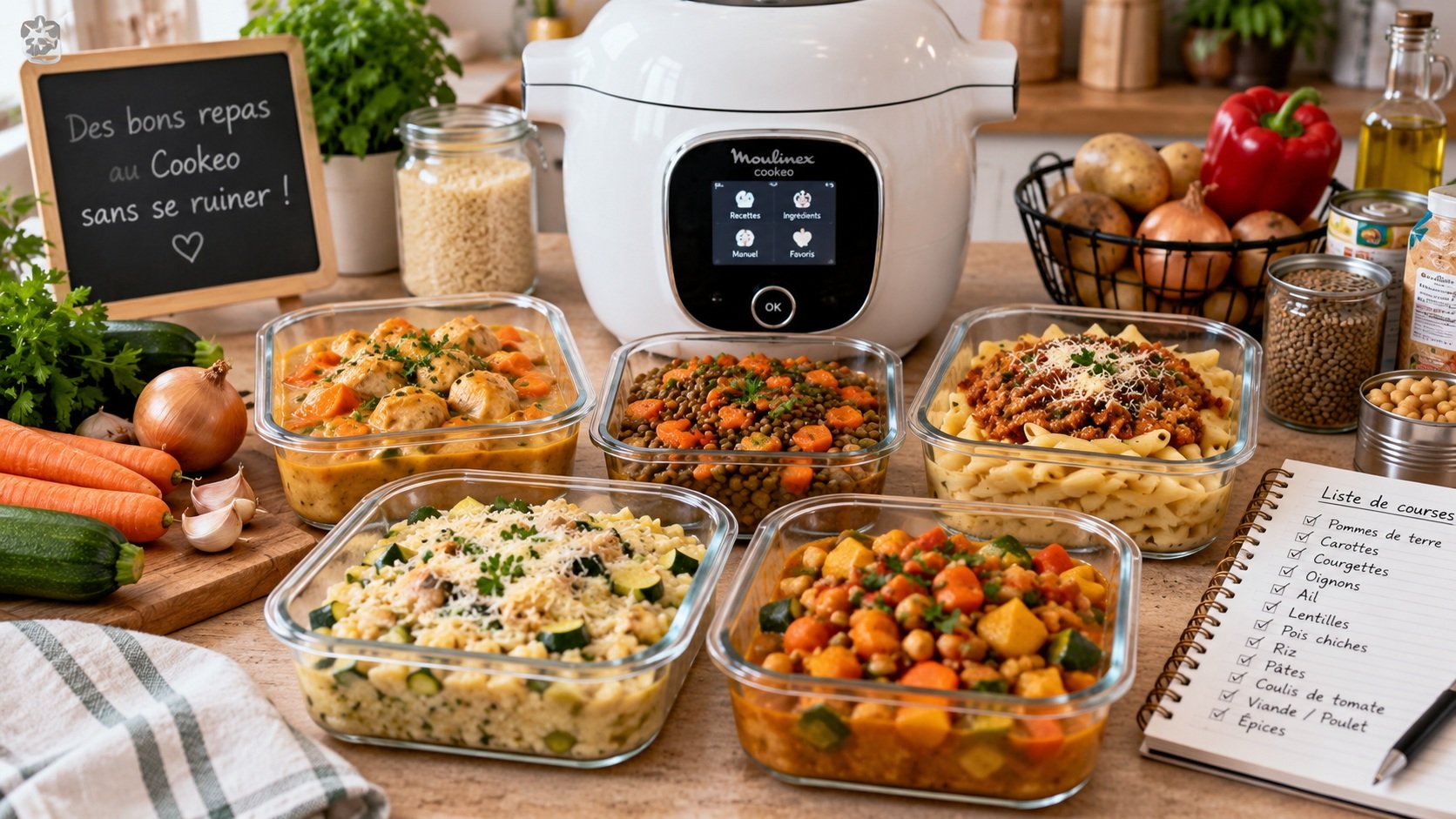 Cookeo blanc entouré de cinq plats cuisinés en boîtes de verre, de légumes et d’une liste de courses pour un menu petit budget.