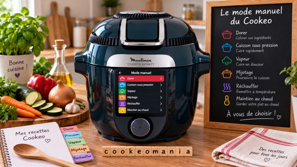 Cookeo Infinity affichant le mode manuel avec Dorer, cuisson sous pression, vapeur, mijotage, réchauffage et maintien au chaud.