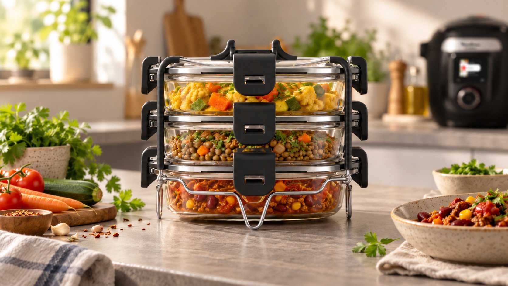 My Batchcooker Express Moulinex avec trois récipients en verre remplis de repas, devant un Cookeo noir