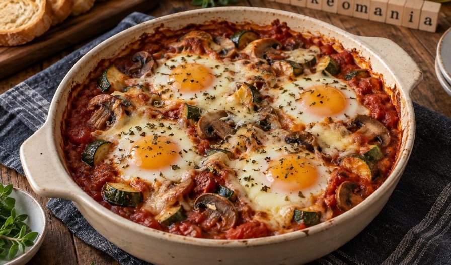 Quatre œufs à la tomate avec provolone fondu, champignons et courgettes, parsemés d'origan