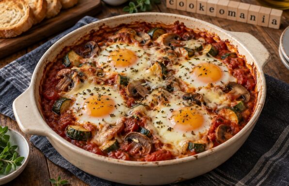Quatre œufs à la tomate avec provolone fondu, champignons et courgettes, parsemés d'origan