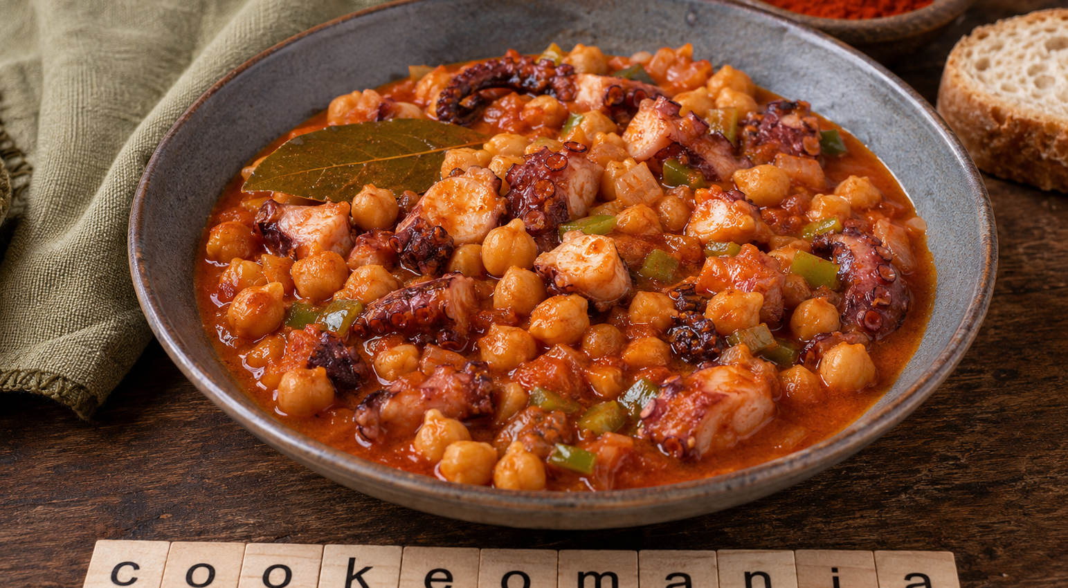 Pois chiches mijotés au poulpe et poivron vert