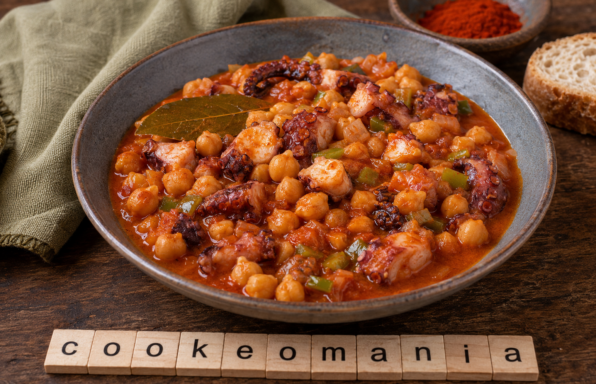 Pois chiches mijotés au poulpe et poivron vert