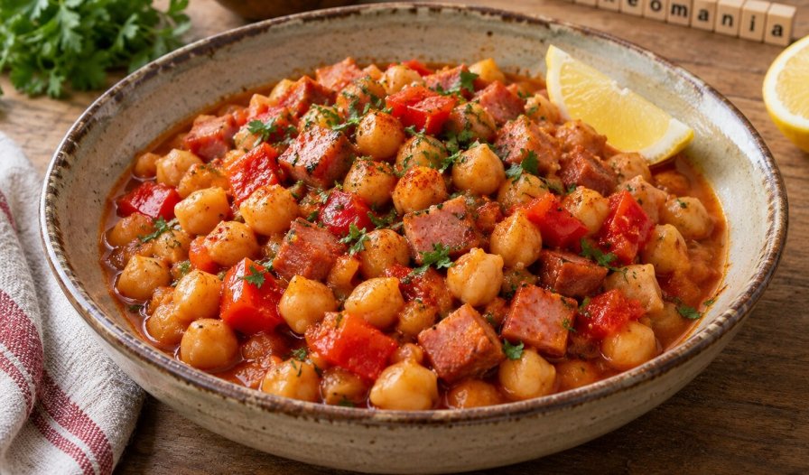 Pois chiches au jambon et poivron rouge mijotés dans une sauce à la tomate et au paprika, garnis de persil frais