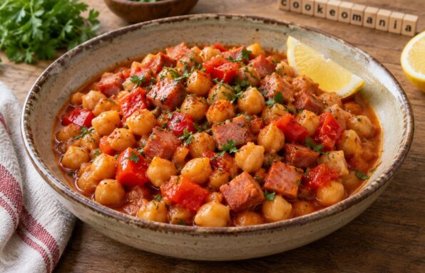 Pois chiches au jambon et poivron rouge mijotés dans une sauce à la tomate et au paprika, garnis de persil frais