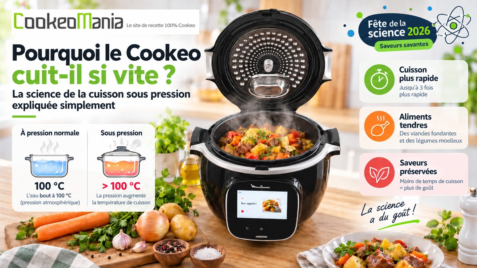 Infographie expliquant pourquoi le Cookeo cuit plus vite grâce à la cuisson sous pression