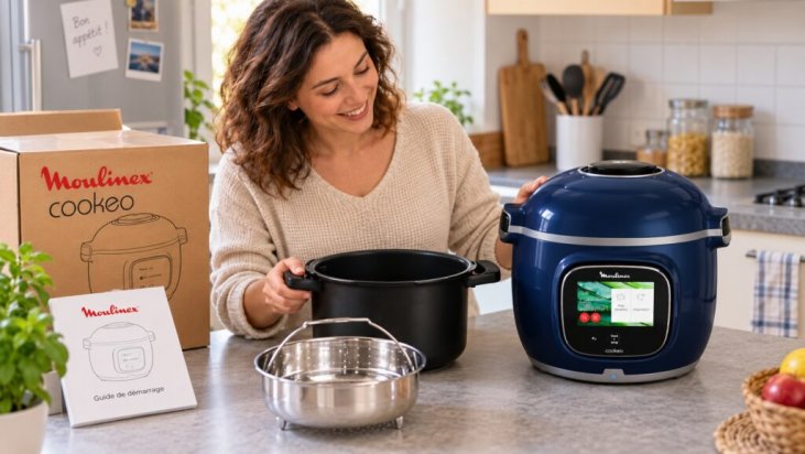 Première utilisation d’un Cookeo bleu avec sa cuve, son panier vapeur et son guide de démarrage.
