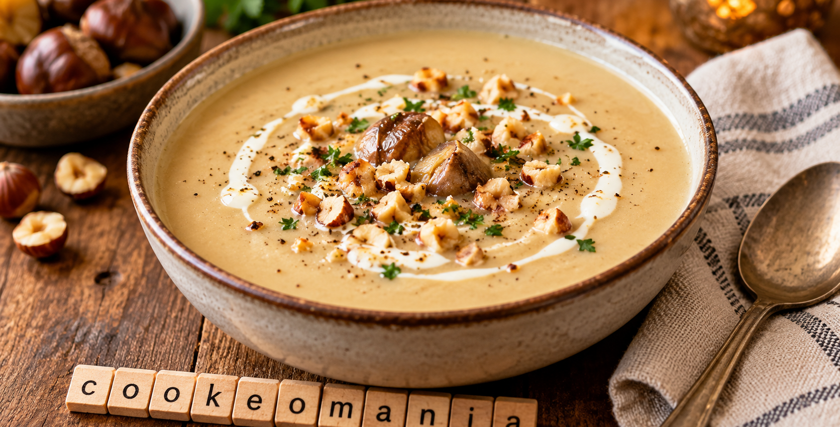 Velouté de panais aux châtaignes et noisettes au Cookeo, servi dans un bol avec des noisettes concassées