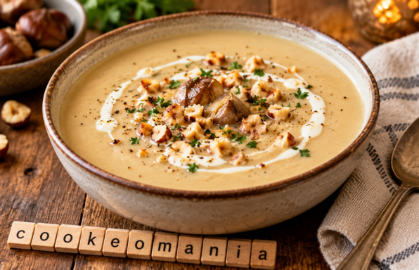 Velouté de panais aux châtaignes et noisettes au Cookeo, servi dans un bol avec des noisettes concassées